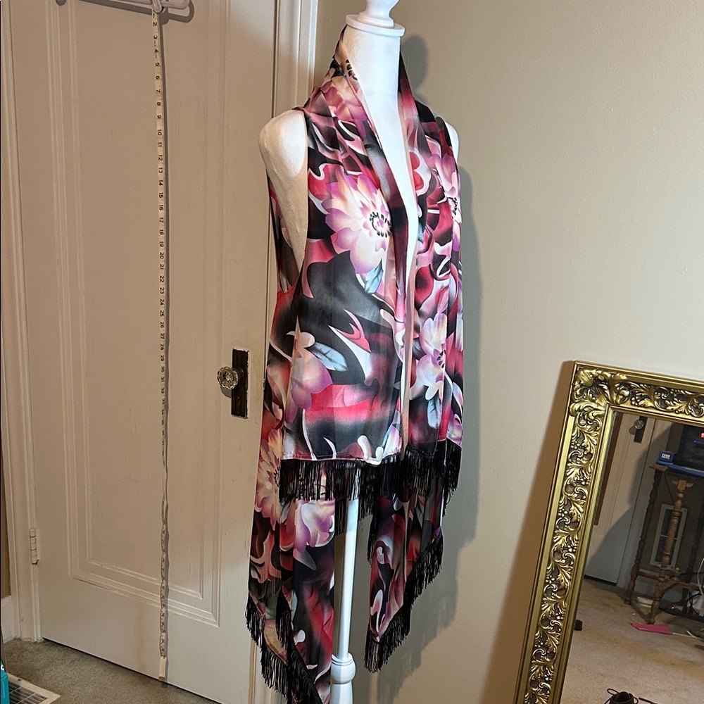 Floral Fringe Duster/Vest Hues Of Pink & Black BOHO Whimsical Bold